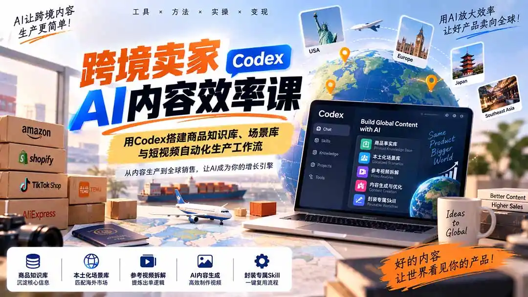 跨境卖家AI内容效率课：用Codex搭建商品知识库、场景库与短视频自动化生产工作流-资源联盟