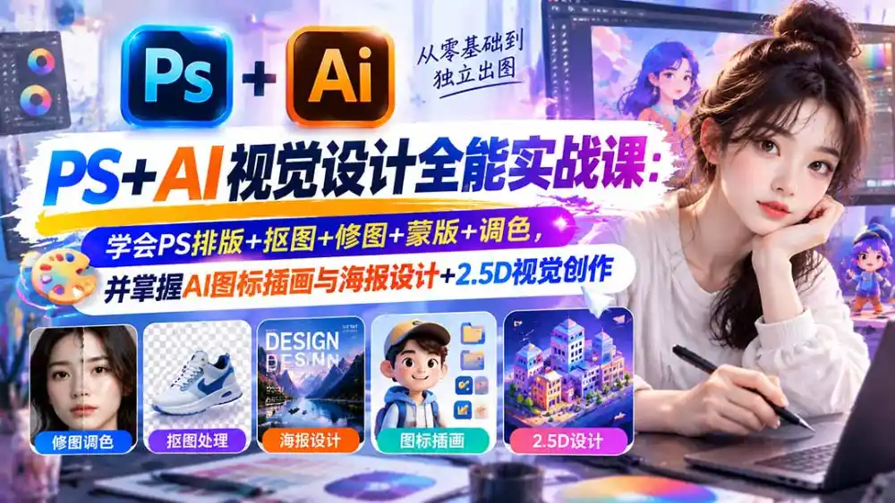 【无水印】PS+AI视觉设计全能实战课：学会PS排版+抠图+修图+蒙版+调色，并掌握AI图标插画与海报设计+2.5D视觉创作-资源联盟