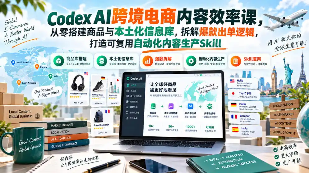 Codex AI跨境电商内容效率课，从零搭建商品与本土化信息库，拆解爆款出单逻辑，打造可复用自动化内容生产Skill-资源联盟