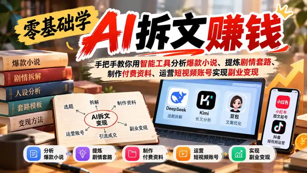 零基础学AI拆文赚钱：手把手教你用智能工具分析爆款小说、提炼剧情套路、制作付费资料、运营短视频账号实现副业变现-资源联盟