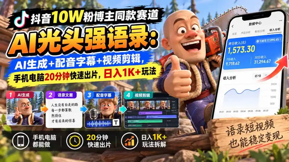 【无水印】抖音10W粉博主同款赛道AI光头强语录：AI生成+配音字幕+视频剪辑，手机电脑20分钟快速出片，日入1K+玩法-资源联盟