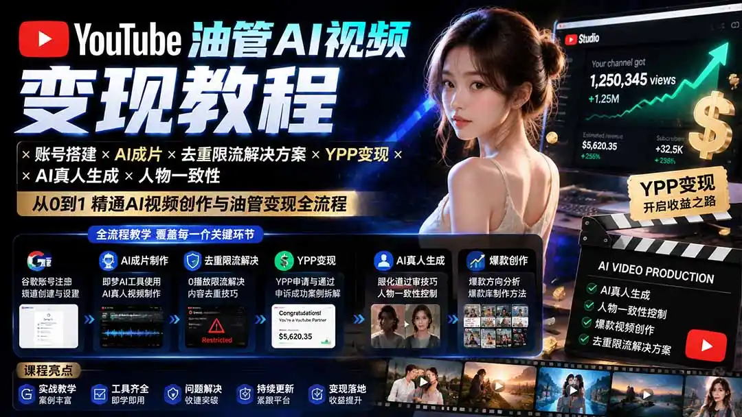 YouTube油管AI视频变现教程-更新0926：账号搭建×AI成片×去重限流解决方案×YPP变现×AI真人生成×人物一致性-资源联盟