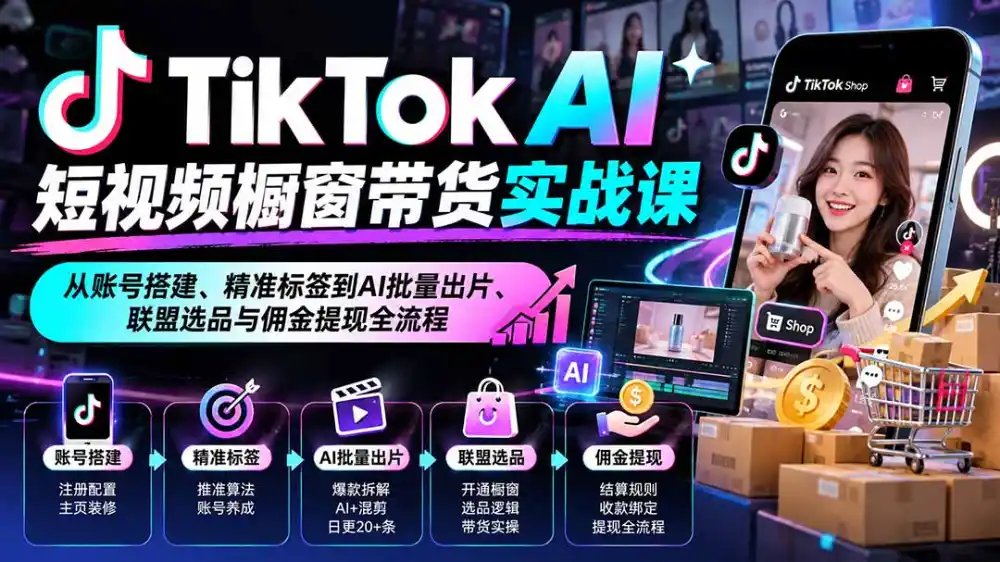 TikTok AI短视频橱窗带货实战课：从账号搭建、精准标签到AI批量出片、联盟选品与佣金提现全流程-资源联盟