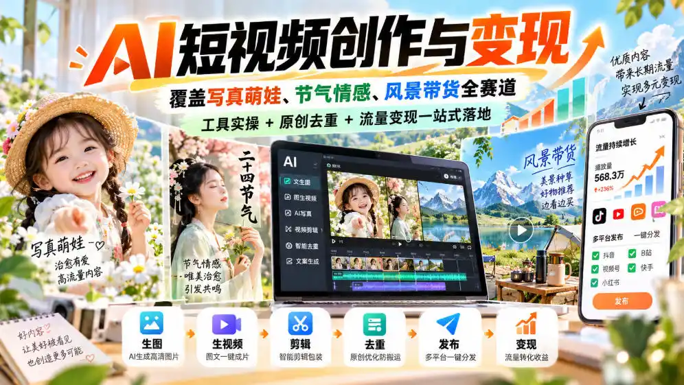 AI短视频创作与变现，覆盖写真萌娃、节气情感、风景带货全赛道，工具实操+原创去重+流量变现一站式落地-资源联盟