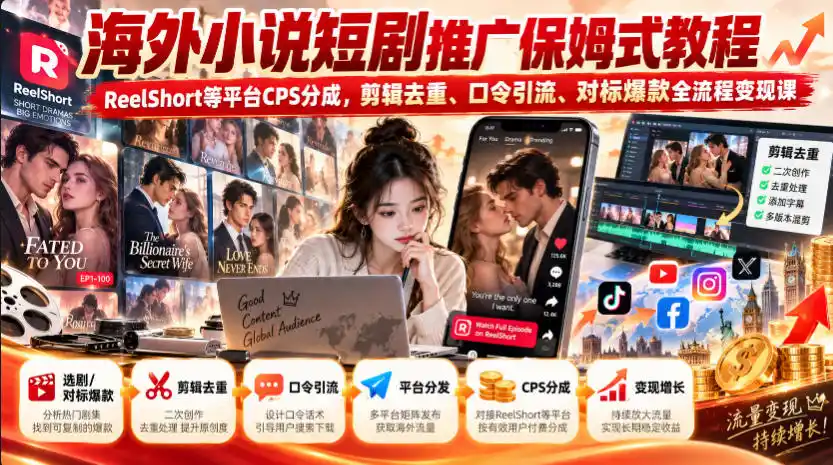 海外小说短剧推广保姆式教程｜ReelShort等平台CPS分成，剪辑去重、口令引流、对标爆款全流程变现课-资源联盟
