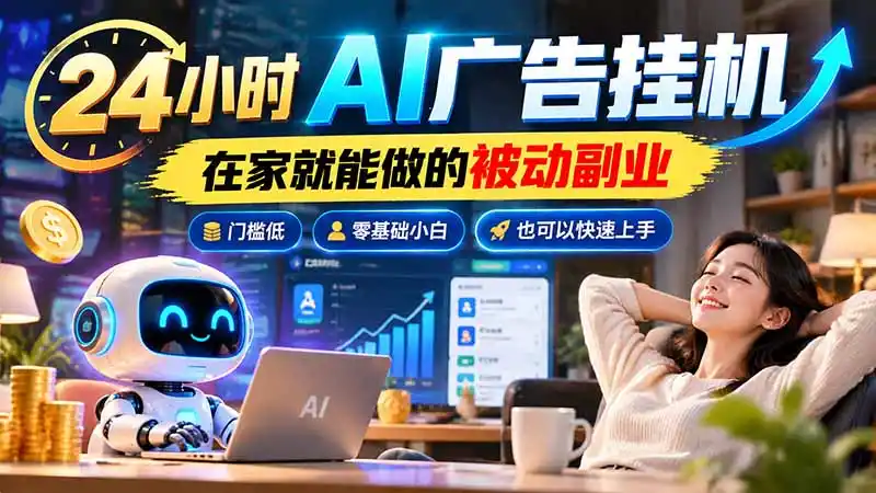 24小时AI广告挂机｜在家就能做的被动副业，门槛低，零基础小白也可以快速上手-资源联盟