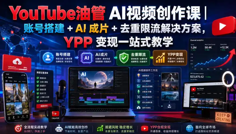 YouTube油管AI视频创作课|账号搭建+AI成片+去重限流解决方案,YPP变现一站式教学(更新0925)
