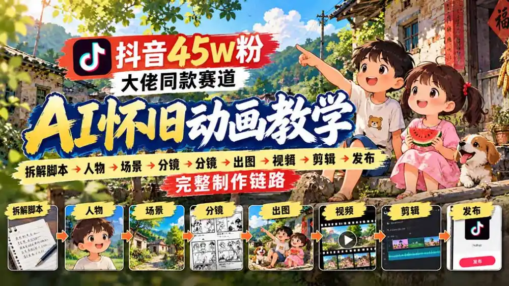 抖音45W粉大佬同款赛道AI怀旧动画教学：拆解脚本→人物→场景→分镜→出图→视频→剪辑→发布完整制作链路-资源联盟