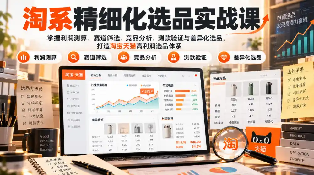 货架电商精细化选品实战课：掌握利润测算、赛道筛选、竞品分析、测款验证与差异化选品，打造淘宝天猫高利润选品体系-资源联盟