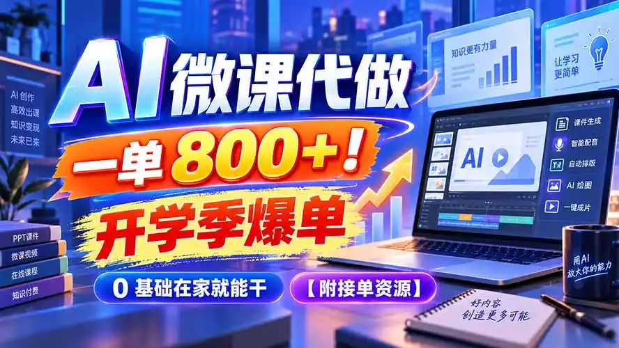 AI 微课代做，一单 800+！开学季爆单，0 基础在家就能干【附接单资源】-资源联盟