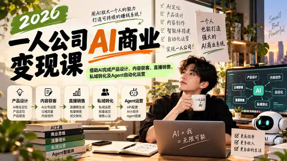 2026一人公司AI商业变现课：借助AI完成产品设计、内容获客、直播销售、私域转化及Agent自动化运营-资源联盟
