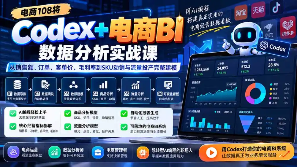 Codex+电商BI数据分析实战课-更新：从销售额、订单、客单价、毛利率到SKU动销与流量投产完整建模-资源联盟