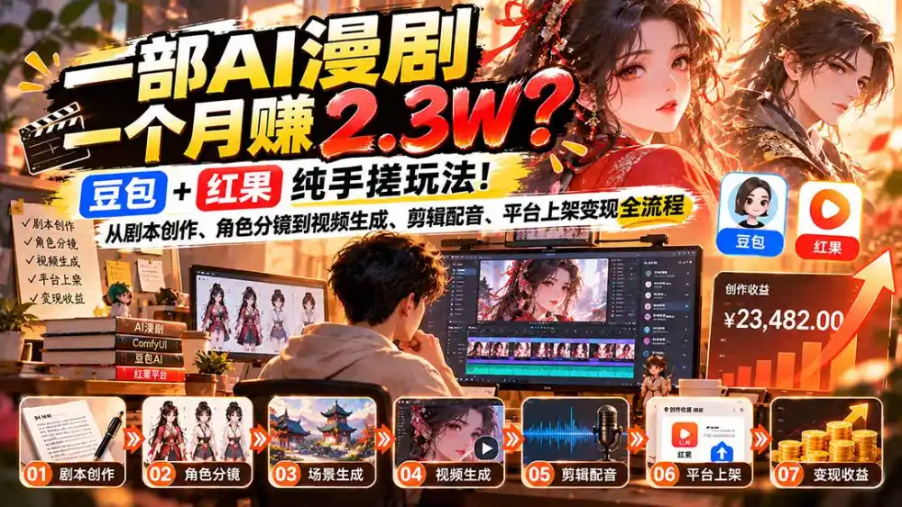 一部AI漫剧一个月赚2.3W？豆包+红果纯手搓玩法！从剧本创作、角色分镜到视频生成、剪辑配音、平台上架变现全流程-资源联盟