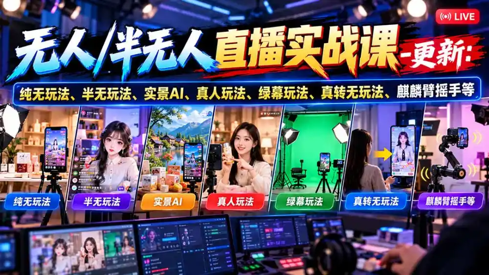 无人/半无人直播实战课-10月20更新：纯无玩法、半无玩法、实景AI、真人玩法、绿幕玩法、真转无玩法、麒麟臂摇手等-资源联盟