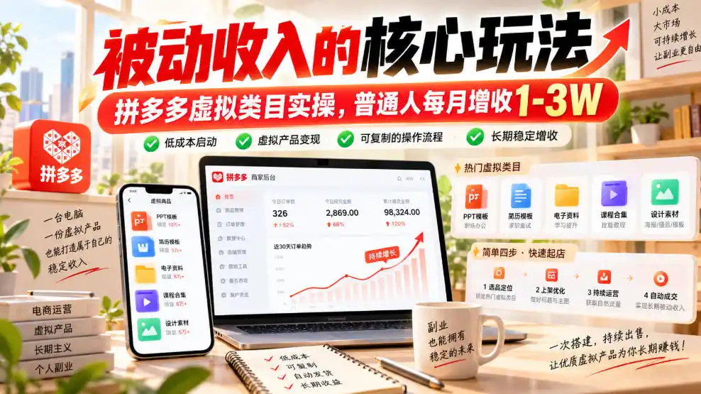被动收入的核心玩法，拼多多虚拟类目实操，普通人每月增收1-3W【揭秘】-资源联盟