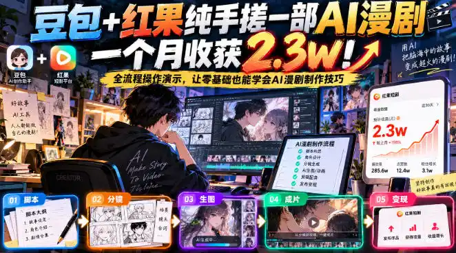 豆包+红果纯手搓一部AI漫剧一个月收获2.3w！全流程操作演示，让零基础也能学会AI漫剧制作技巧-资源联盟