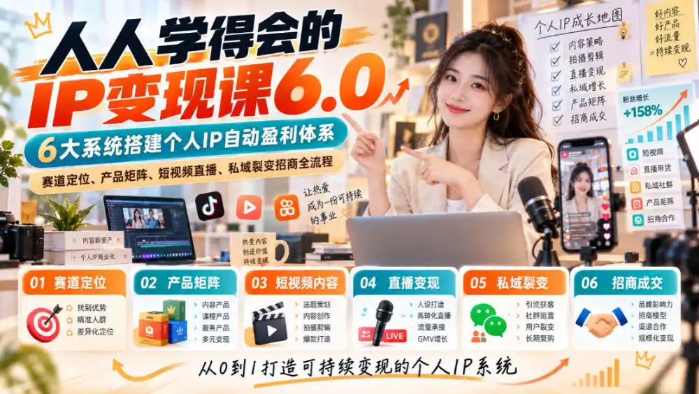 人人学得会的IP变现课6.0，6大系统搭建个人IP自动盈利体系，赛道定位、产品矩阵、短视频直播、私域裂变招商全流程-资源联盟
