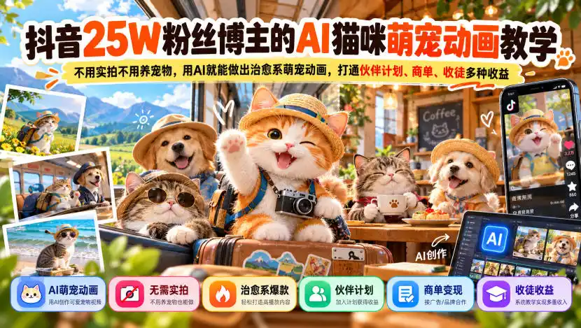 抖音25W粉丝博主的AI猫咪萌宠动画教学，不用实拍不用养宠物，用AI就能做出治愈系萌宠动画，打通伙伴计划、商单、收徒多种收益-资源联盟