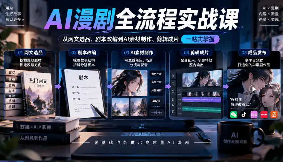 AI漫剧全流程实战课，覆盖从网文选品、剧本改编到AI素材制作、剪辑成片的完整链路-资源联盟