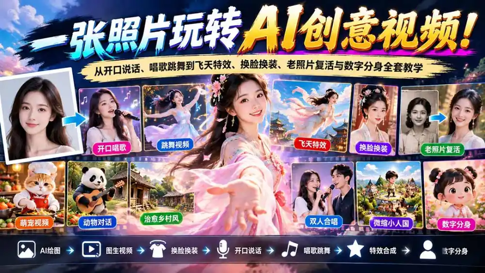 一张照片玩转AI创意视频！从开口说话、唱歌跳舞到飞天特效、换脸换装、老照片复活与数字分身全套教学-资源联盟