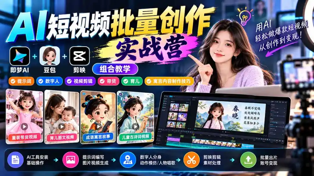 【无水印】AI短视频批量创作实战营：即梦+豆包+剪映组合教学，提示词/数字人/视频剪辑/带货/育儿/寓言内容制作技巧-资源联盟