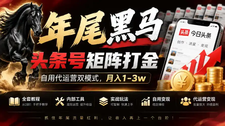【年尾黑马】头条号矩阵打金，自用代运营双模式，月入1-3w，附全套教程及内部工具【揭秘】-资源联盟