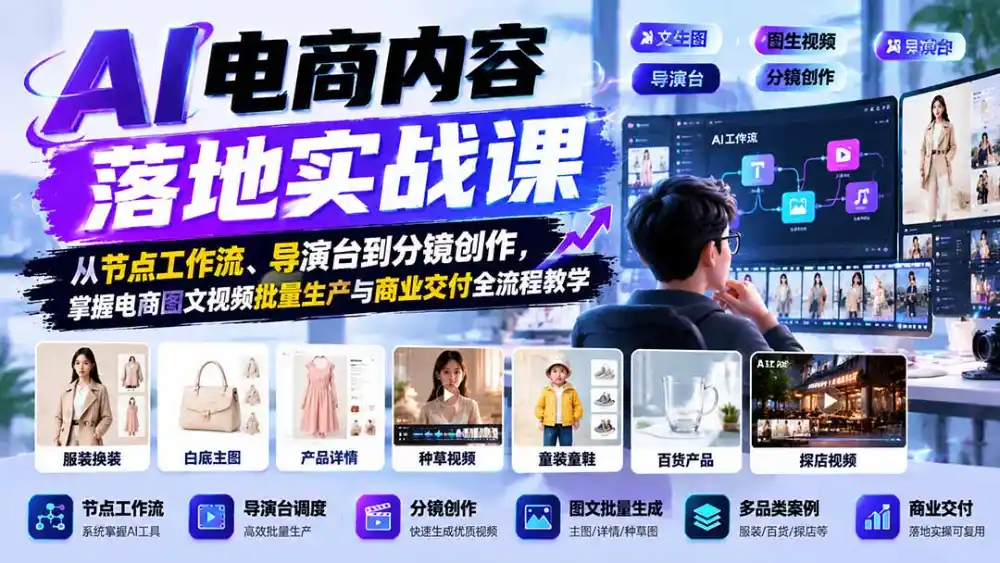 AI电商内容落地实战课：从节点工作流、导演台到分镜创作，掌握电商图文视频批量生产与商业交付全流程教学-资源联盟