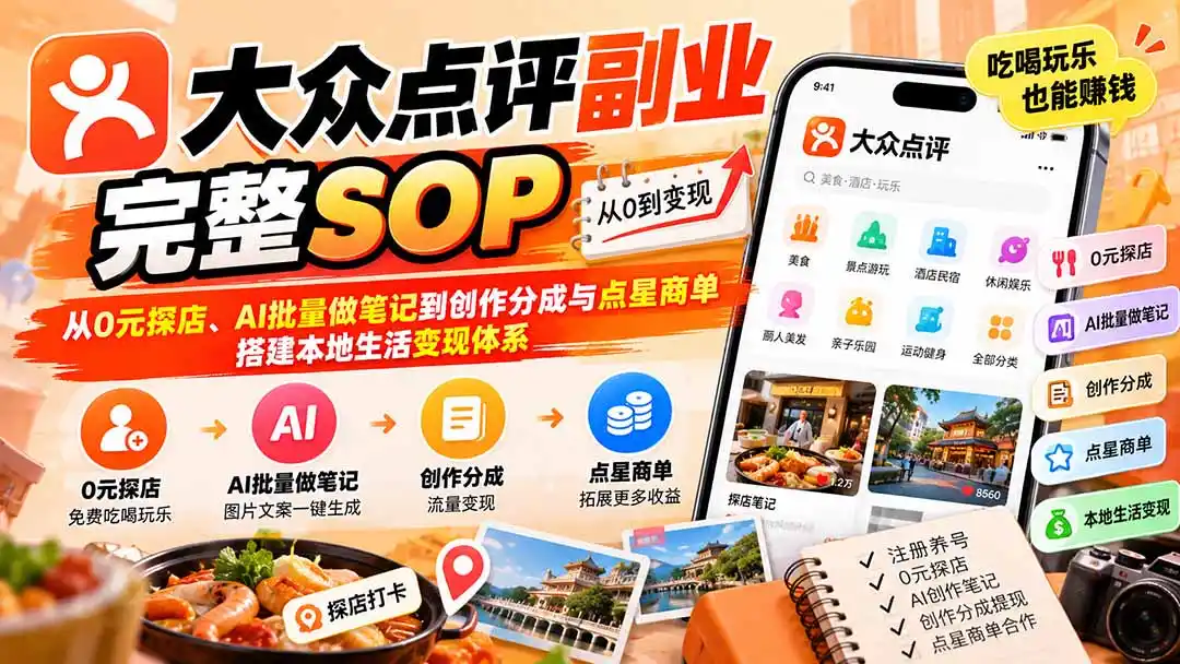 【无水印】大众点评副业完整SOP：从0元探店、AI批量做笔记到创作分成与点星商单，搭建本地生活变现体系-资源联盟