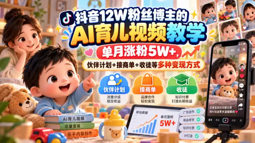 抖音12W粉丝博主的AI育儿视频教学，单月涨粉5W+，伙伴计划+接商单+收徒等多种变现方式-资源联盟