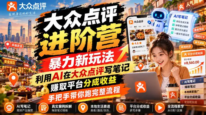 大众点评进阶营，暴力新玩法，利用AI在大众点评写笔记， 賺取平台分成收益，手把手带你跑完整流程-资源联盟