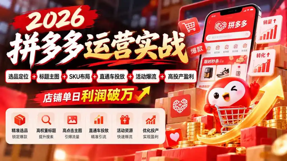 2026拼多多运营实战-更新1002：选品定位+标题主图+SKU布局+直通车投放+活动爆流+高投产盈利 店铺单日利润破万-资源联盟