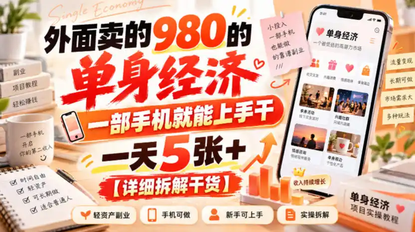 外面卖的980的单身经济，一部手机就能上手干，一天5张+【详细拆解干货】-资源联盟