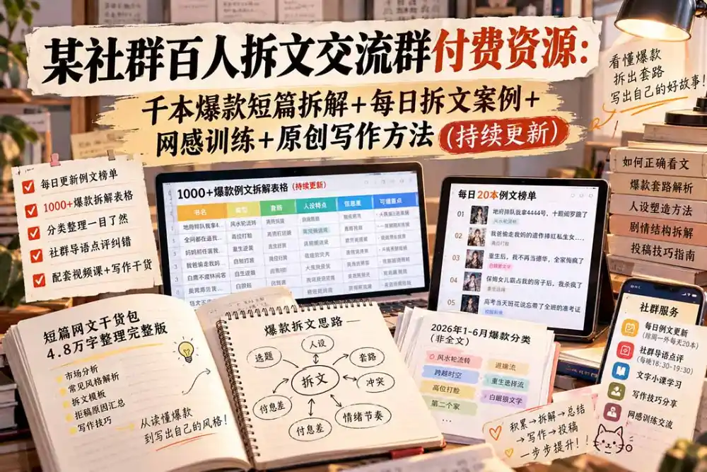 某社群百人拆文交流群付费资源-更新0929:千本爆款短篇拆解+每日拆文案例+网感训练+原创写作方法-资源联盟