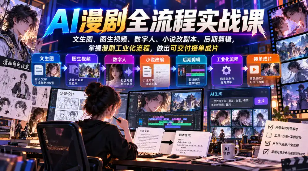 AI漫剧全流程实战课，文生图、图生视频、数字人、小说改剧本、后期剪辑，掌握漫剧工业化流程，做出可交付接单成片-资源联盟