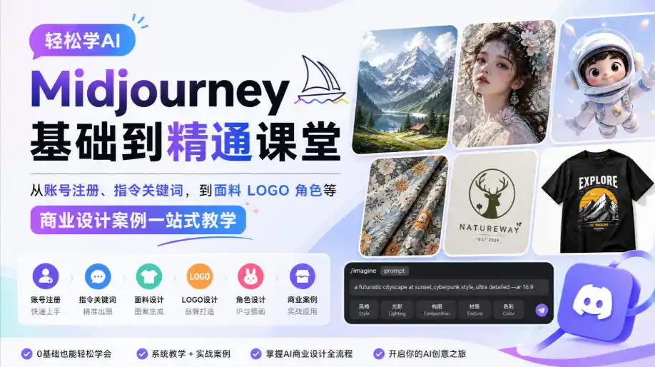 轻松学AI Midjourney基础到精通课堂，从账号注册、指令关键词，到面料LOGO角色等商业设计案例一站式教学-资源联盟