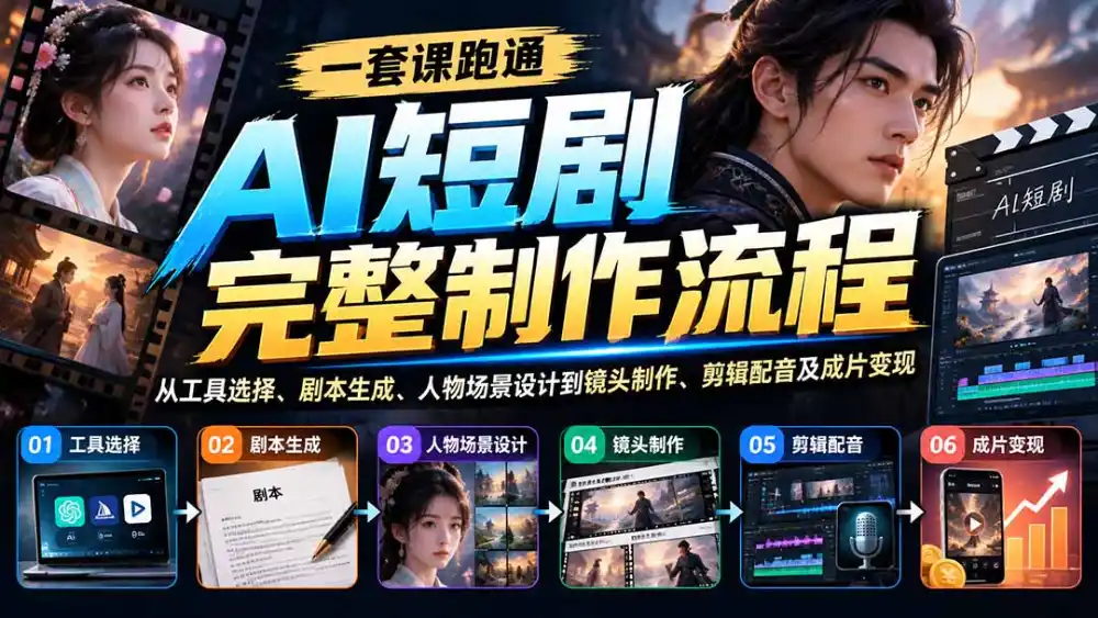 一套课跑通AI短剧完整制作流程：从工具选择、剧本生成、人物场景设计到镜头制作、剪辑配音及成片变现-资源联盟