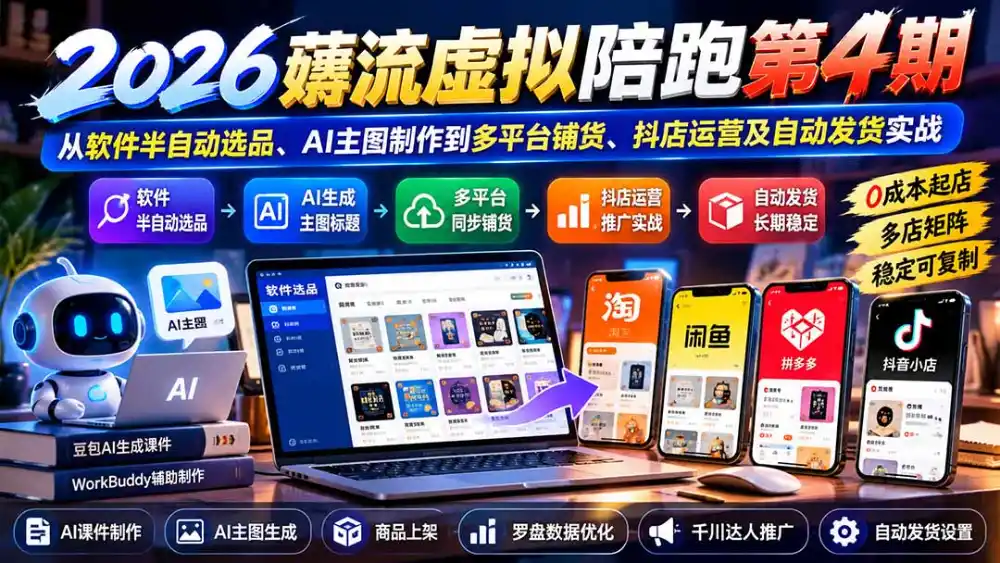 2026薅流虚拟陪跑第4期：从软件半自动选品、AI主图制作到多平台铺货、抖店运营及自动发货实战-资源联盟