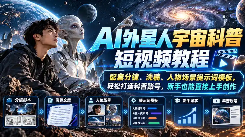 AI外星人宇宙科普短视频教程，配套分镜、洗稿、人物场景提示词模板，轻松打造科普账号，新手也能直接上手创作-资源联盟