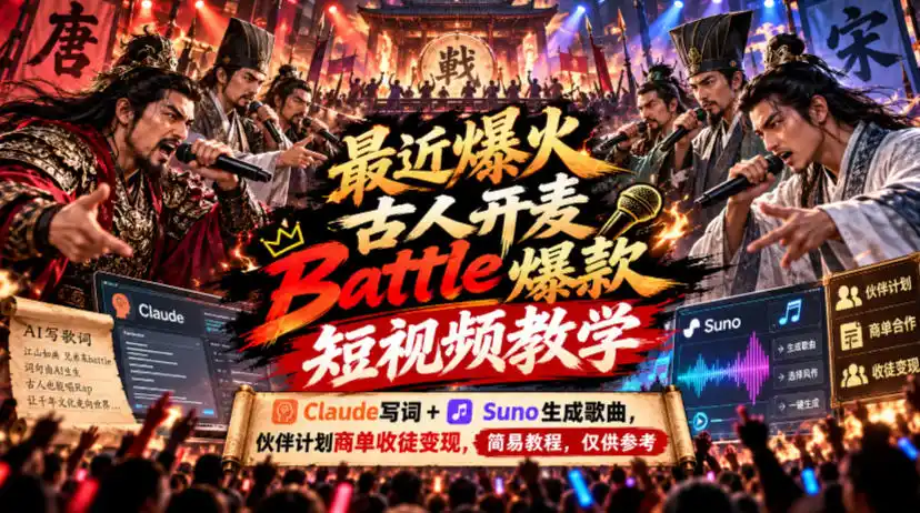 最近爆火古人开麦Battle爆款短视频教学，Claude写词+Suno生成歌曲，伙伴计划商单收徒变现，简易教程，仅供参考-资源联盟