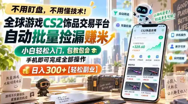 全球游戏CS2饰品交易平台自动批量捡漏賺米，小白轻松入门，包教包会，手机即可完成全部操作，日入300+【揭秘】-资源联盟
