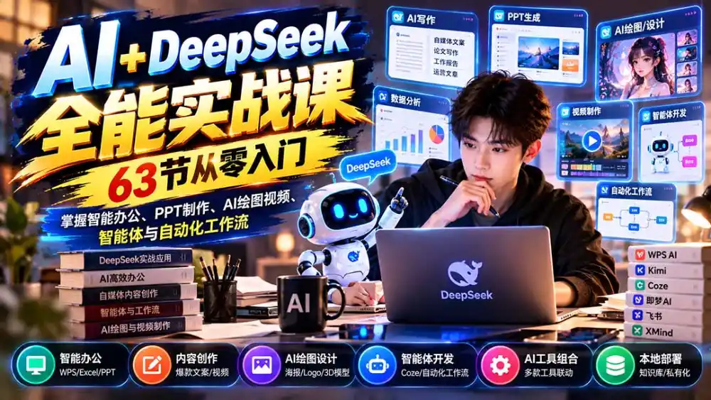 AI+DeepSeek全能实战课：63节从零入门，掌握智能办公、PPT制作、AI绘图视频、智能体与自动化工作流-资源联盟