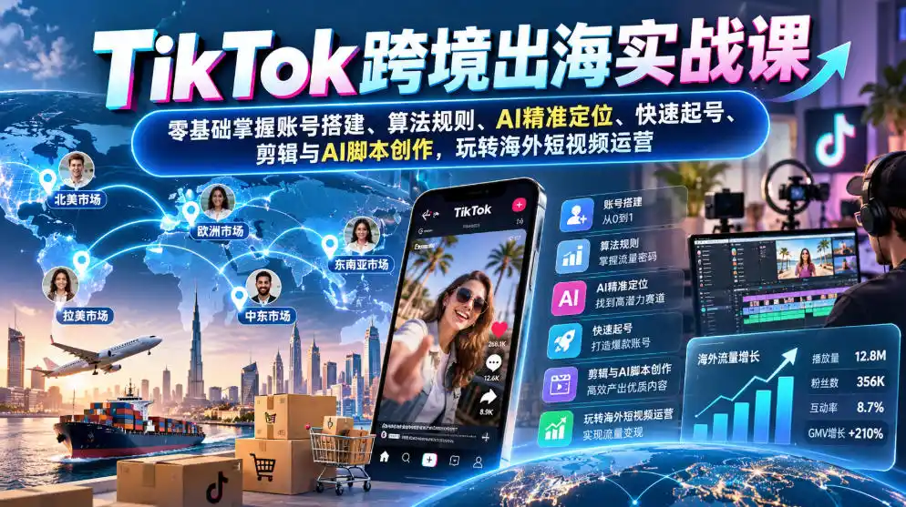 TikTok跨境出海实战课：零基础掌握账号搭建、算法规则、AI精准定位、快速起号、剪辑与AI脚本创作，玩转海外短视频运营-资源联盟