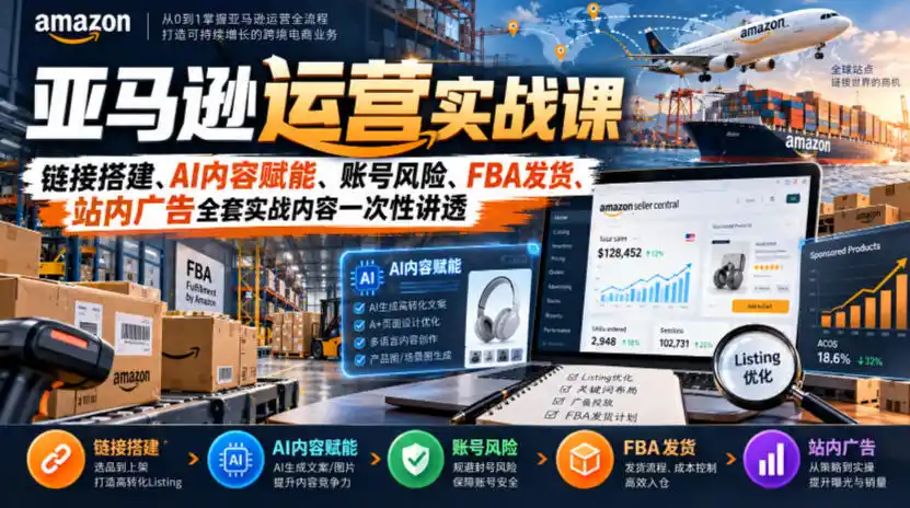亚马逊运营实战课，链接搭建、AI内容赋能、账号风险、FBA发货、站内广告全套实战内容一次性讲透-资源联盟