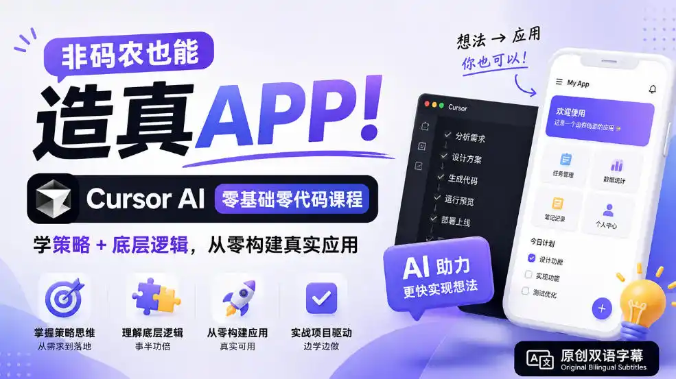 非码农也能造真APP！Cursor AI零基础零代码课程：学策略+底层逻辑，从零构建真实应用【原创双语字幕】-资源联盟