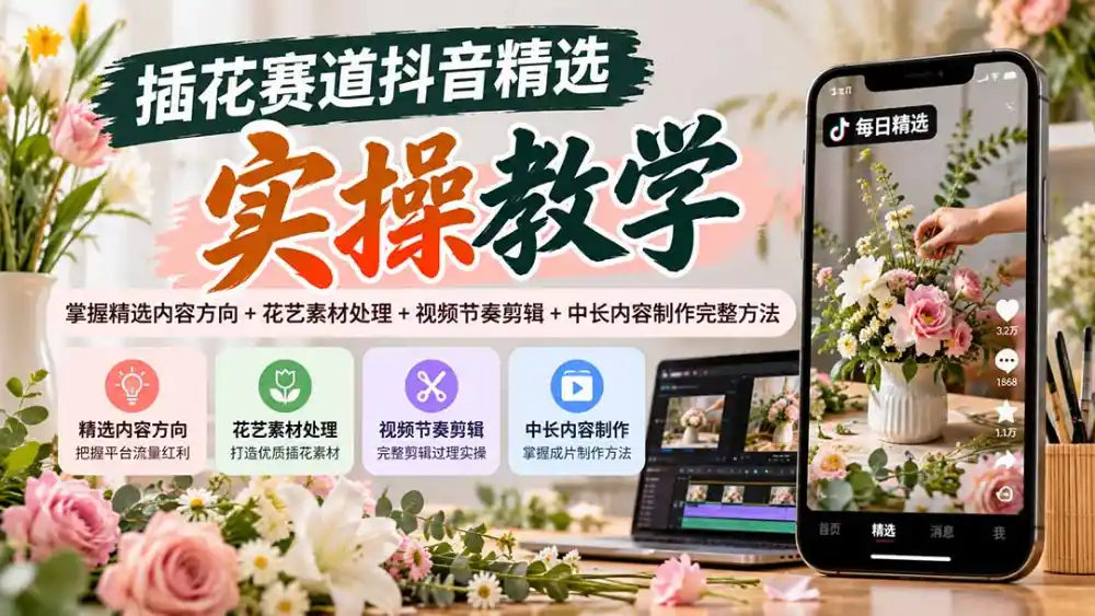 插花赛道抖音精选实操教学：掌握精选内容方向+花艺素材处理+视频节奏剪辑+中长内容制作完整方法-资源联盟