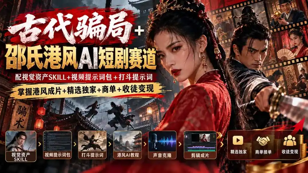 古代骗局+邵氏港风AI短剧赛道：配视觉资产SKILL+视频提示词包+打斗提示词，掌握港风成片+精选独家+商单+收徒变现-资源联盟