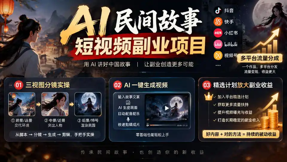 AI民间故事短视频副业项目，多平台流量分成，三视图分镜实操，精选计划放大副业收益-资源联盟