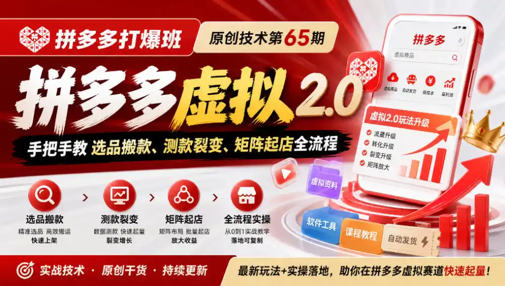《拼多多打爆班》原创技术第65期，拼多多虚拟2.0，手把手教选品搬款、测款裂变、矩阵起店全流程-资源联盟