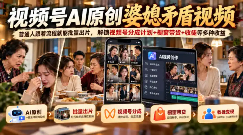 视频号ai原创婆媳矛盾视频，普通人跟着流程就能批量出片，解锁视频号分成计划+橱窗带货+收徒等多种收益-资源联盟