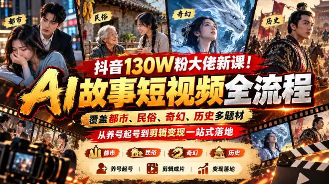 抖音130W粉大佬新课！AI故事短视频全流程，覆盖都市、民俗、奇幻、历史多题材，从养号起号到剪辑变现一站式落地-资源联盟